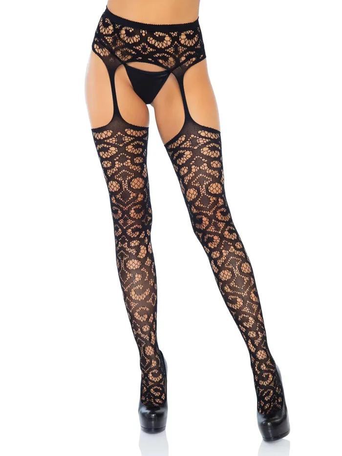 Leg Avenue Teddies And Bodies Scroll Lace Stockings With Attached Garter Belt One Size Black Leg Avenue Teddies And Bodies Scroll Lace Stockings With Attached Garter Belt One Size Black