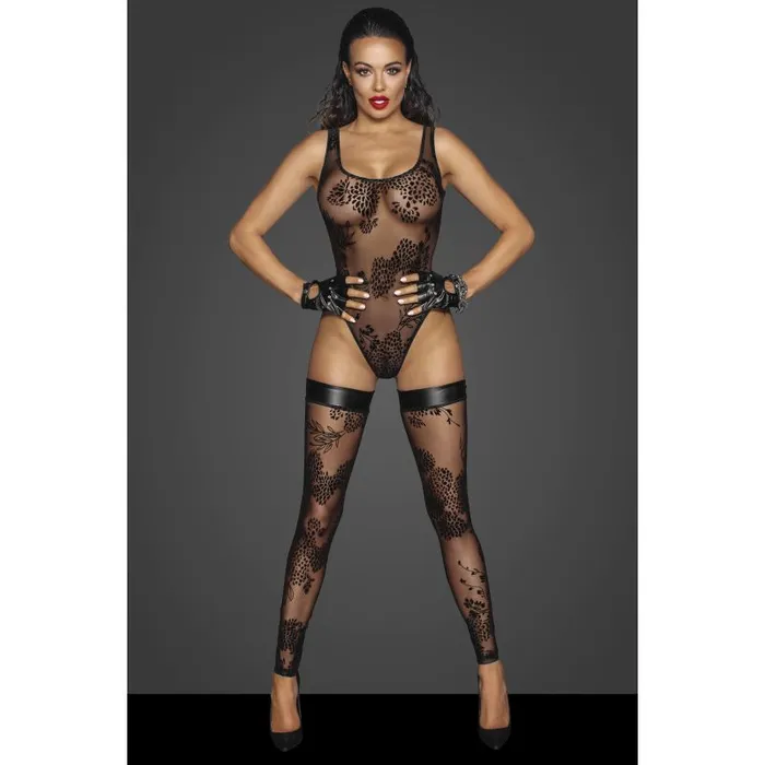 Noir Teddies And Bodies Tulle Bodysuit w Patterned Flock Embroidery