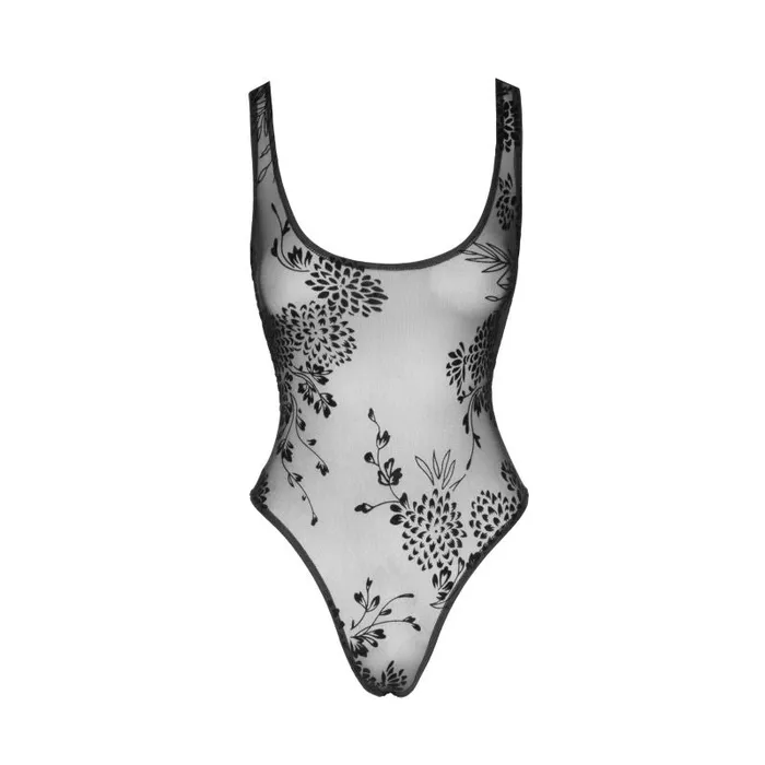 Noir Teddies And Bodies | Tulle Bodysuit  w Patterned Flock Embroidery