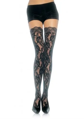 Teddies And Bodies Lace Top Lace Thigh Highs One Size Black Leg Avenue